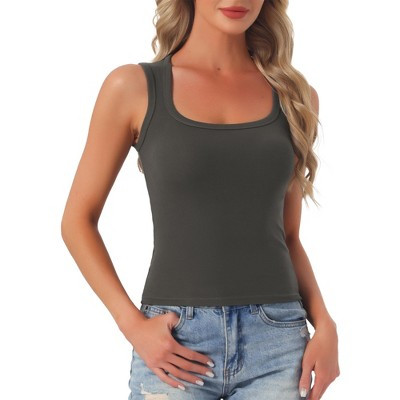INSPIRE CHIC Women's Scoop Neck Sleeveless Fitted Cotton Basic Layering Wide Strap 2026 Summer Cropped Tank Top Shirts X-Small Deep Gray | Target