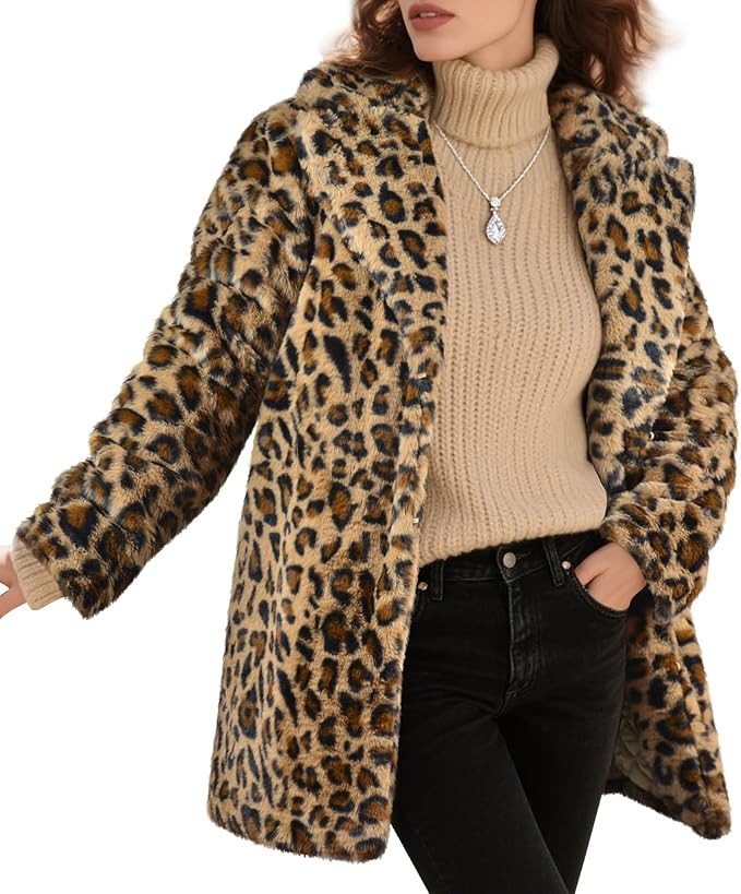 Womens Long Faux Fur Coats Lapel Faux fur Jacket Fluffy Coats Fuzzy Winter Jacket with Pockets | Amazon (US)