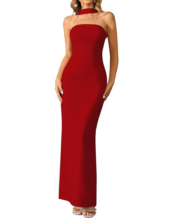 HTZMO Women Elegant Summer Bodycon Maxi Dress Halter Neck Formal Wedding Guest Cocktail Party Lon... | Amazon (US)