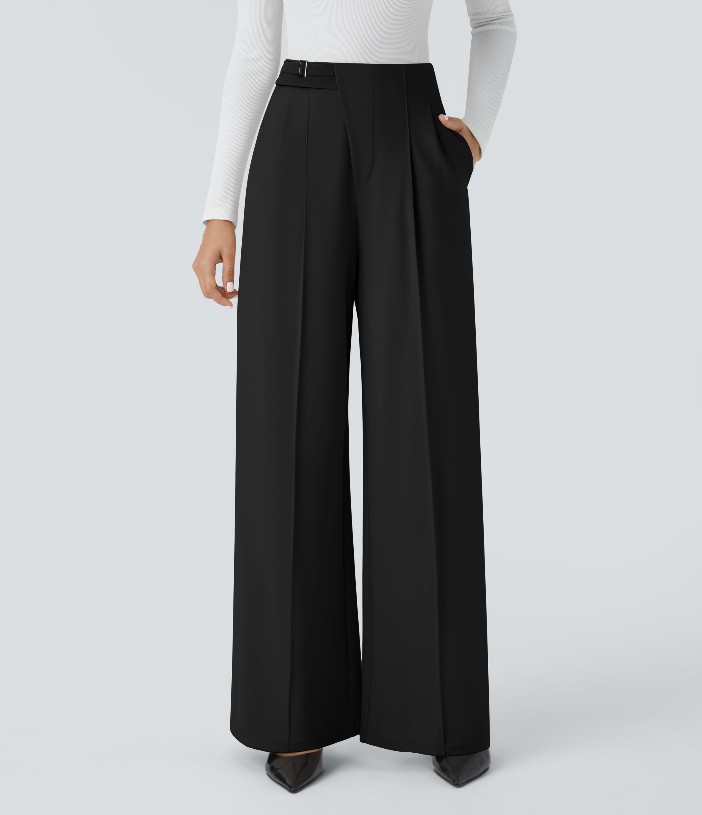 Halara Halara Flex™ High Waisted Decorative Belt Side Pocket Straight Leg Work Pants - Black - XS(regular) sweatpants jogger pants | HALARA