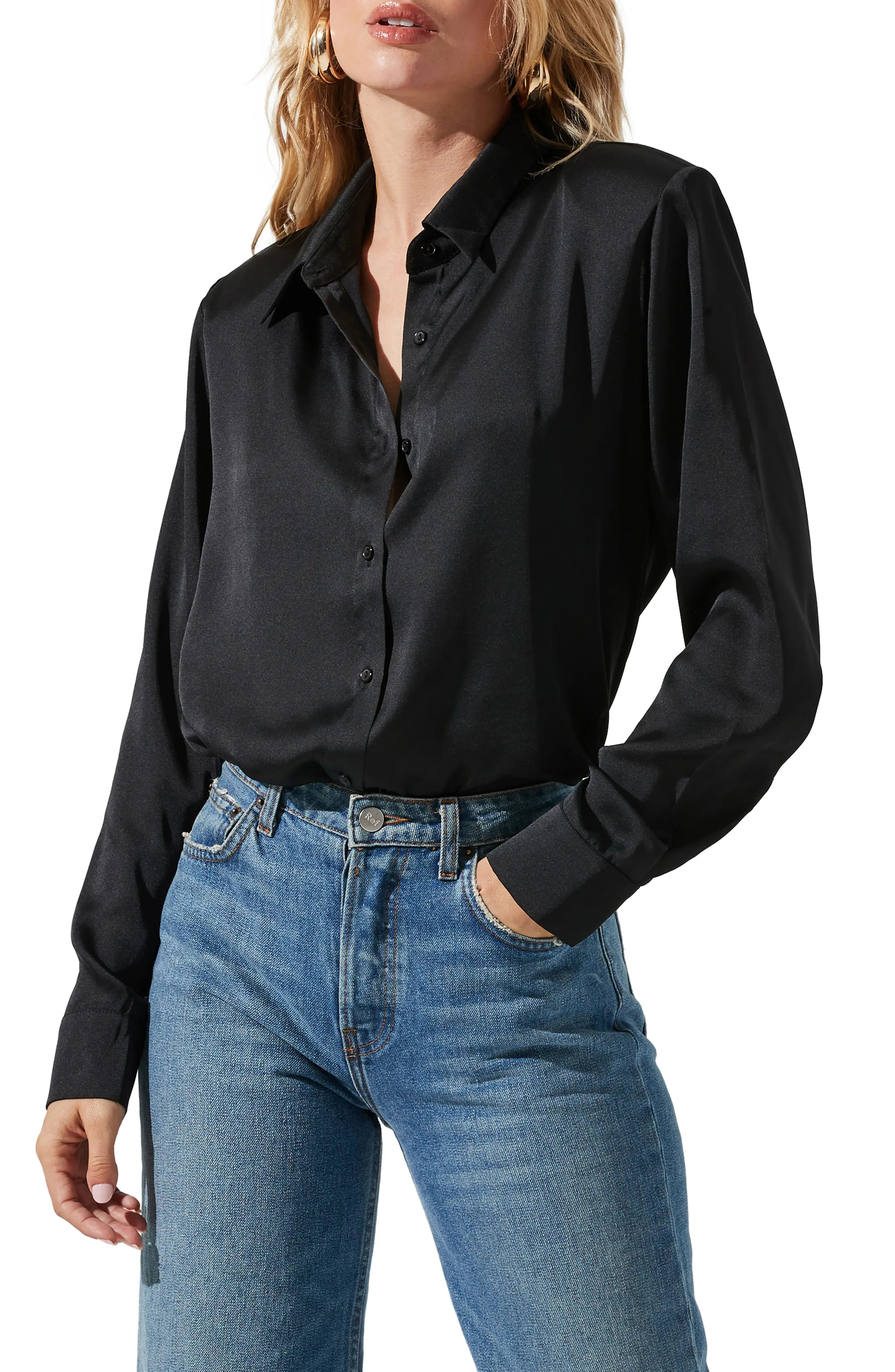 ASTR the Label Satin Button-Up Shirt in Black at Nordstrom, Size Medium | Nordstrom