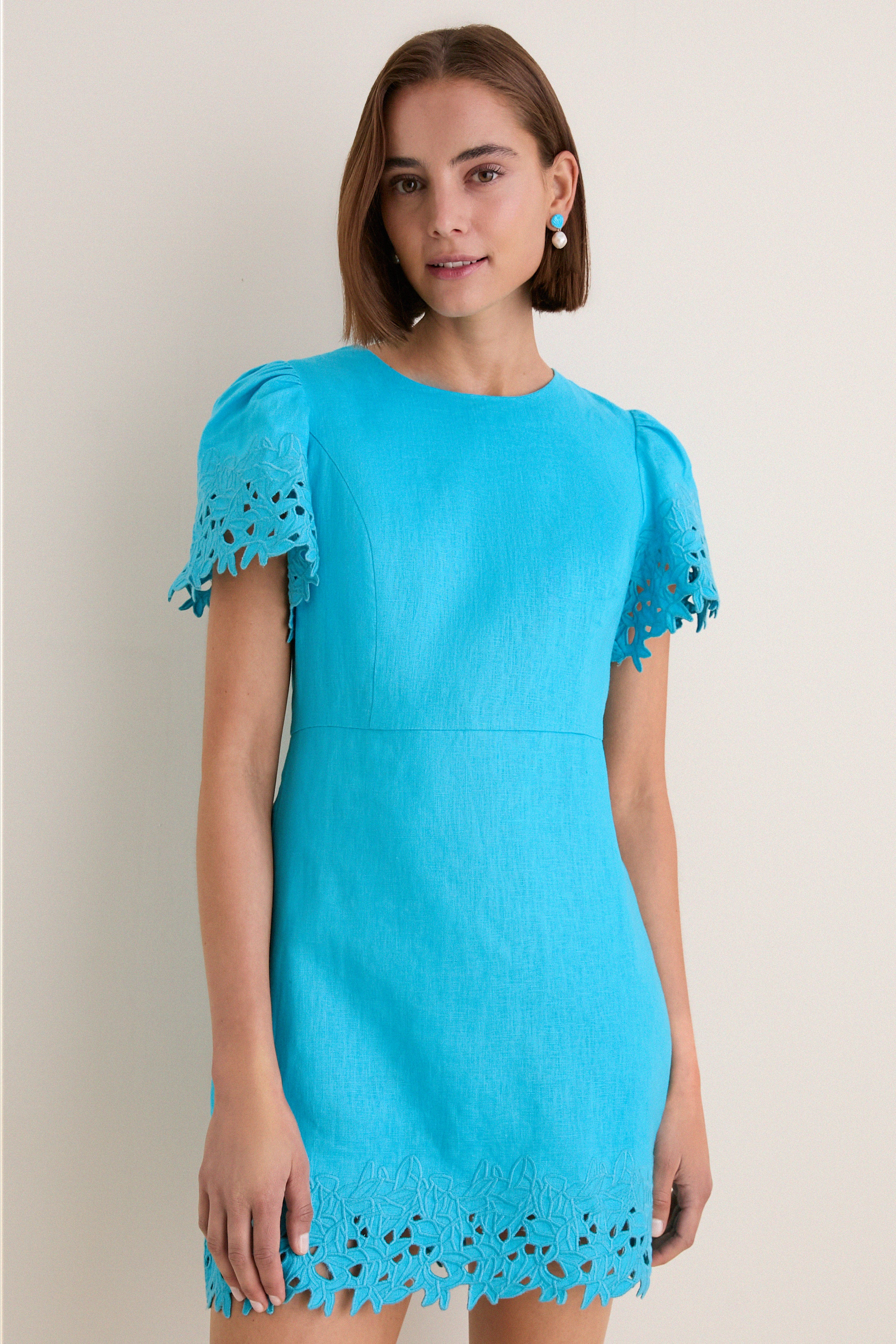 Aqua Linen Embroidered Ruthie Mini Dress | Tuckernuck (US)