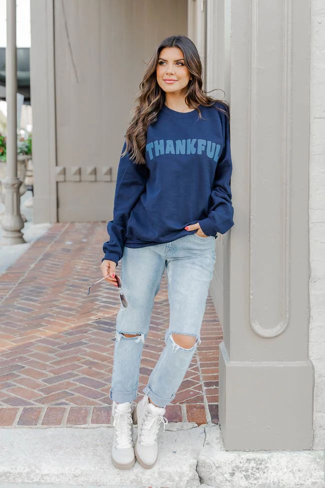 Thankful Puff Print Graphic Navy Sweatshirt | Pink Lily