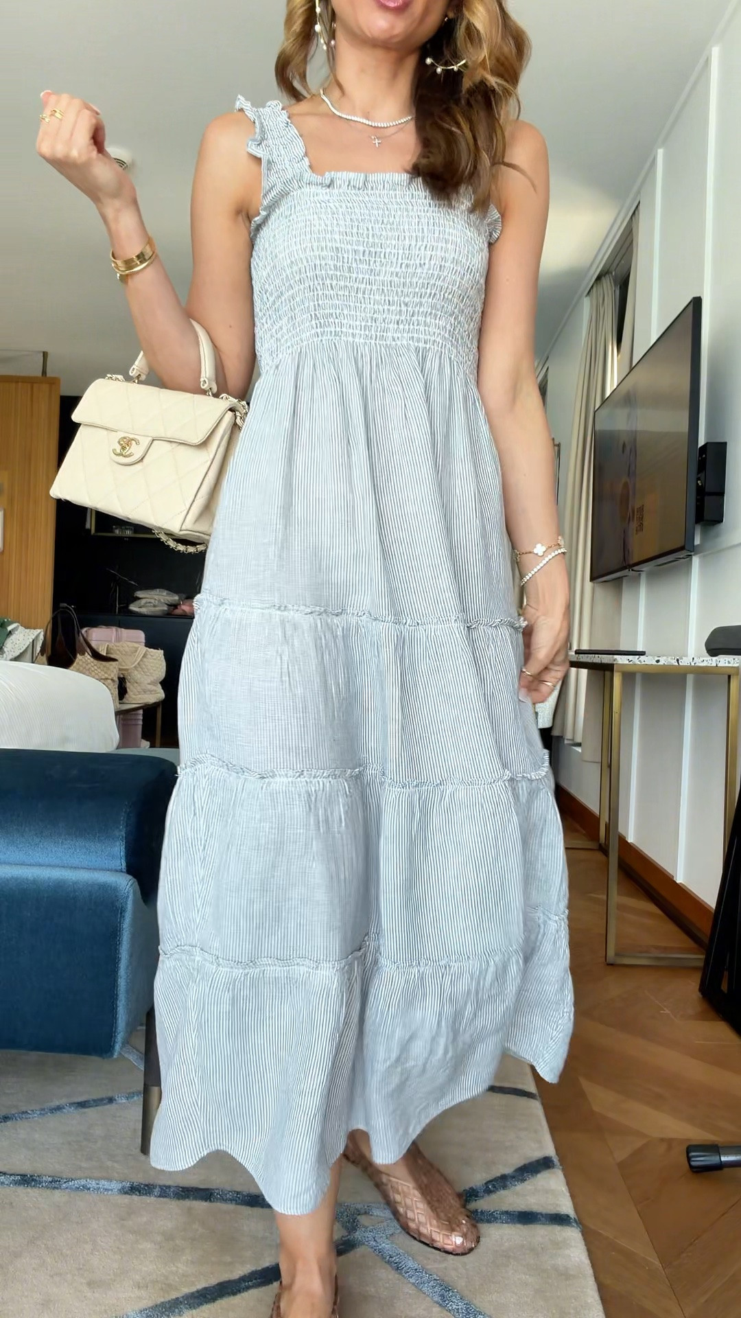 My outfit of the day. Mom outfit. Elevated casual outfit. 100% European linen midi dress. Summer dress. Summer outfit. Europe outfit. Vacation outfit. Resort outfit. Coastal outfit. Resort wear. Jelly ballet flats are whole sizes only - I’m a 6.5 and did a 6 because they rub a smidge big. 

#LTKootd #LTKTravel #LTKPetite