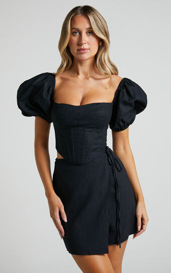 Estella Top - Puff Sleeve Corset Bustier Top in Black | Showpo (ANZ)