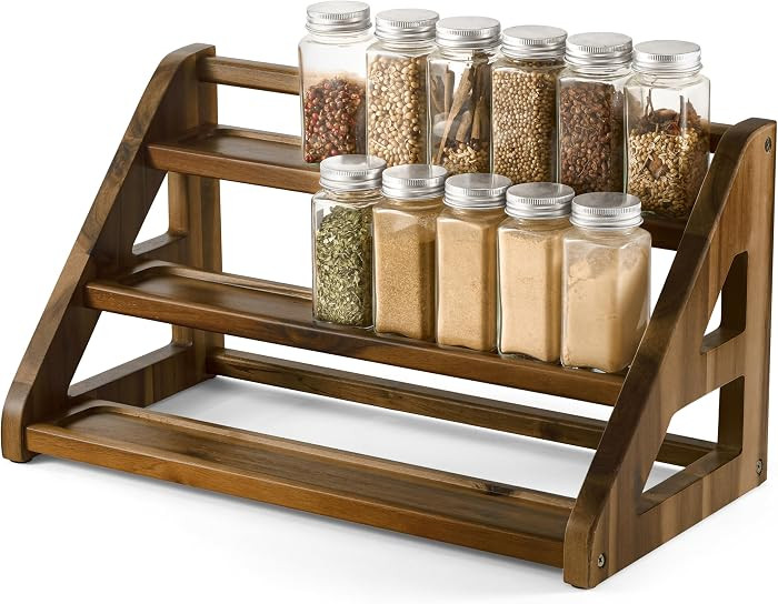 Solid Acacia Wood, 3-tier Spacious Design for 24 Spice Jars, Cutout Grooves for Secure Storage, E... | Amazon (US)