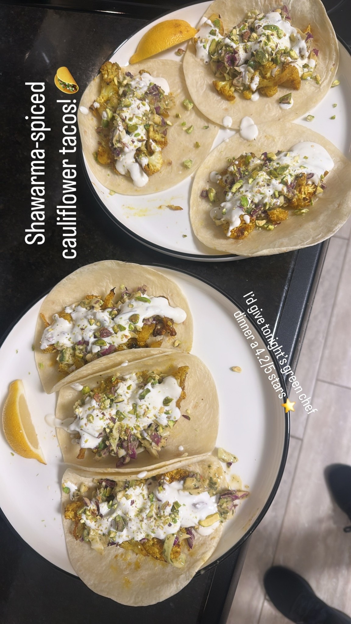 Shawarma-spiced cauliflower tacos! 🌮  I’d give tonight’s green chef dinner a 4.2/5 stars ⭐️