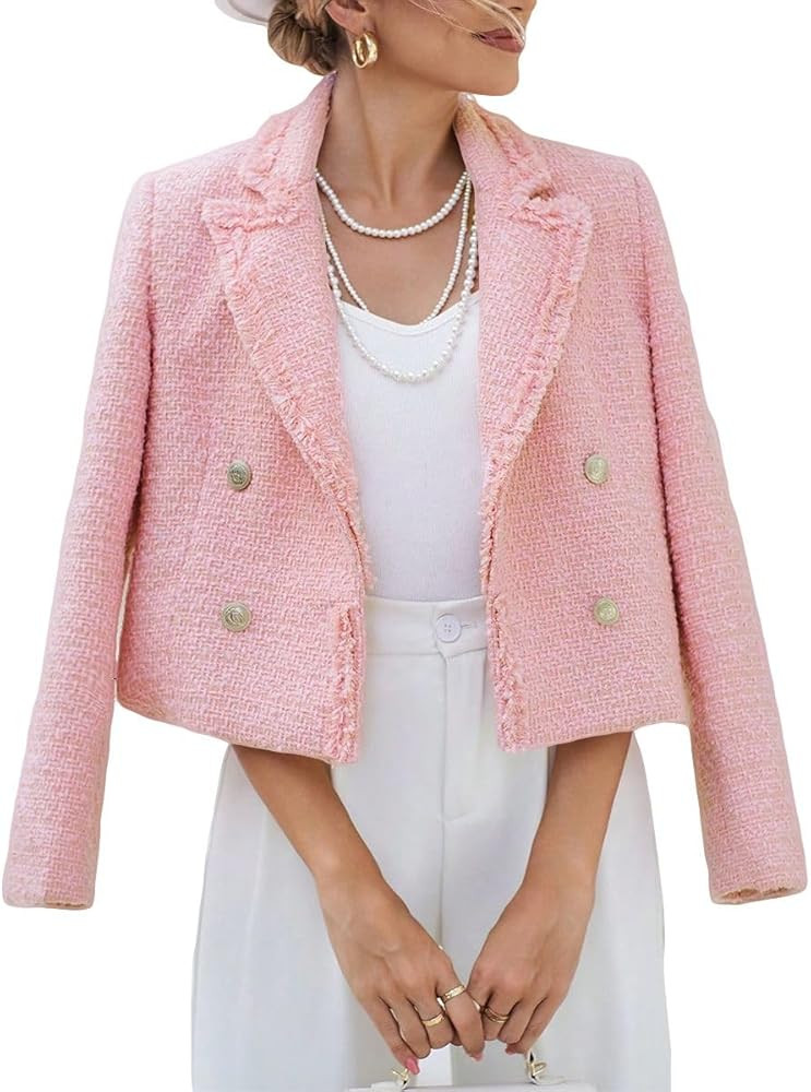 Tweed Blazers Jackets for Women 2024 Fall Fashion Lapel Cropped Elegant Open Front Office Casual ... | Amazon (US)