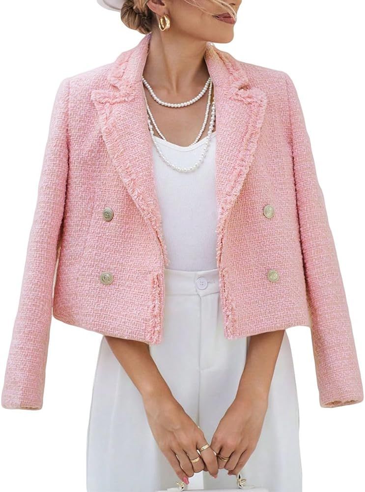 Mina Self Tweed Blazers Jackets for Women 2024 Spring Fashion Lapel Cropped Elegant Open Front Of... | Amazon (US)