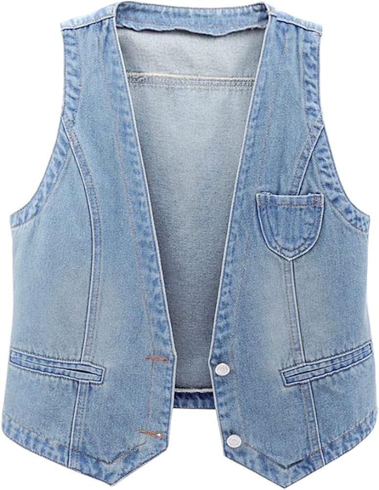 Women's Classic Crop Denim Waistcoat Vest Sleeveless Jean Coat | Amazon (US)