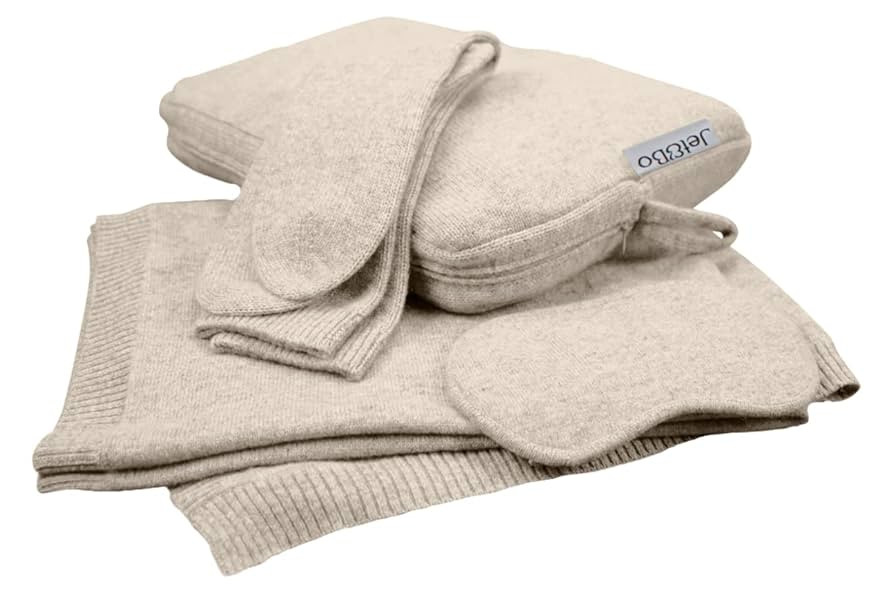 Jet&Bo 100% Pure Cashmere Travel Set: Blanket, Eye Mask, Socks, Carry/Pillow Case Natural | Amazon (US)