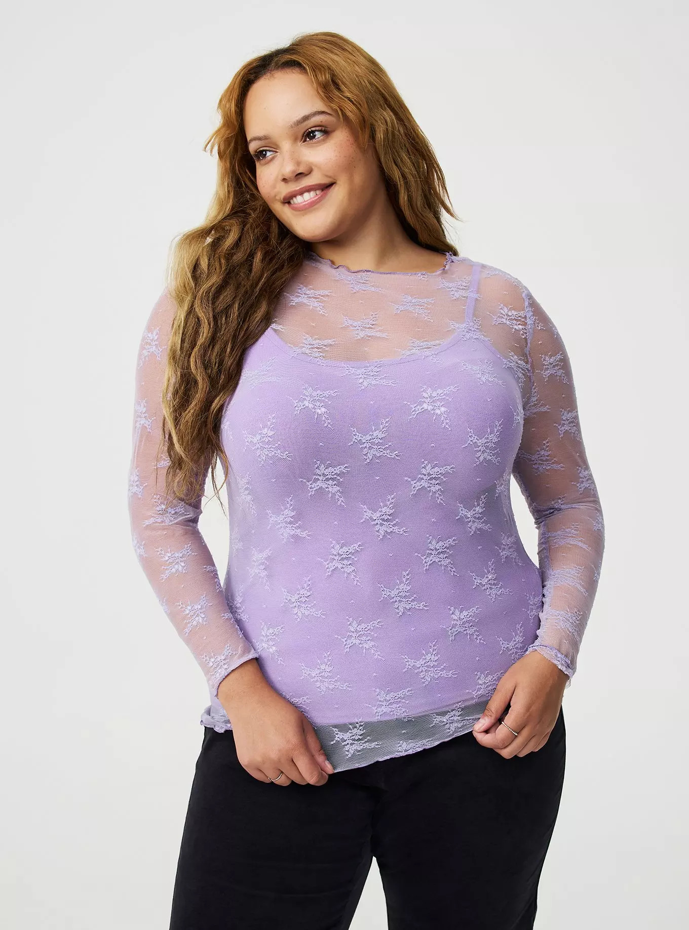 Sheer Lace Crew Long Sleeve Top | Torrid (US & Canada)