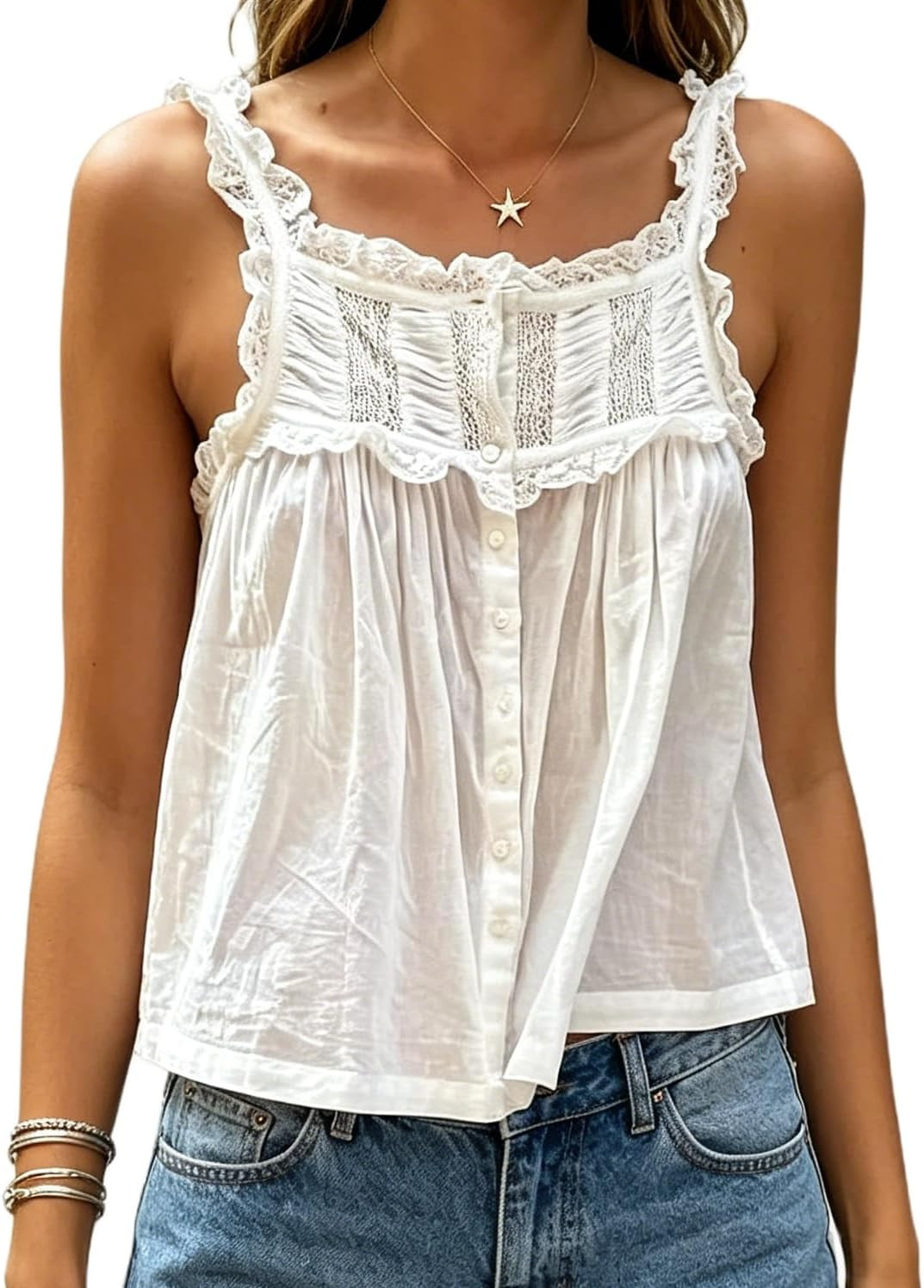 Mxiqqpltky﻿ Womens Eyelet Lace Tank Tops Y2k Sleeveless Flowy Ruffle Vest Summer Boho Button Down Loose Crop Top Streetwear | Amazon (US)