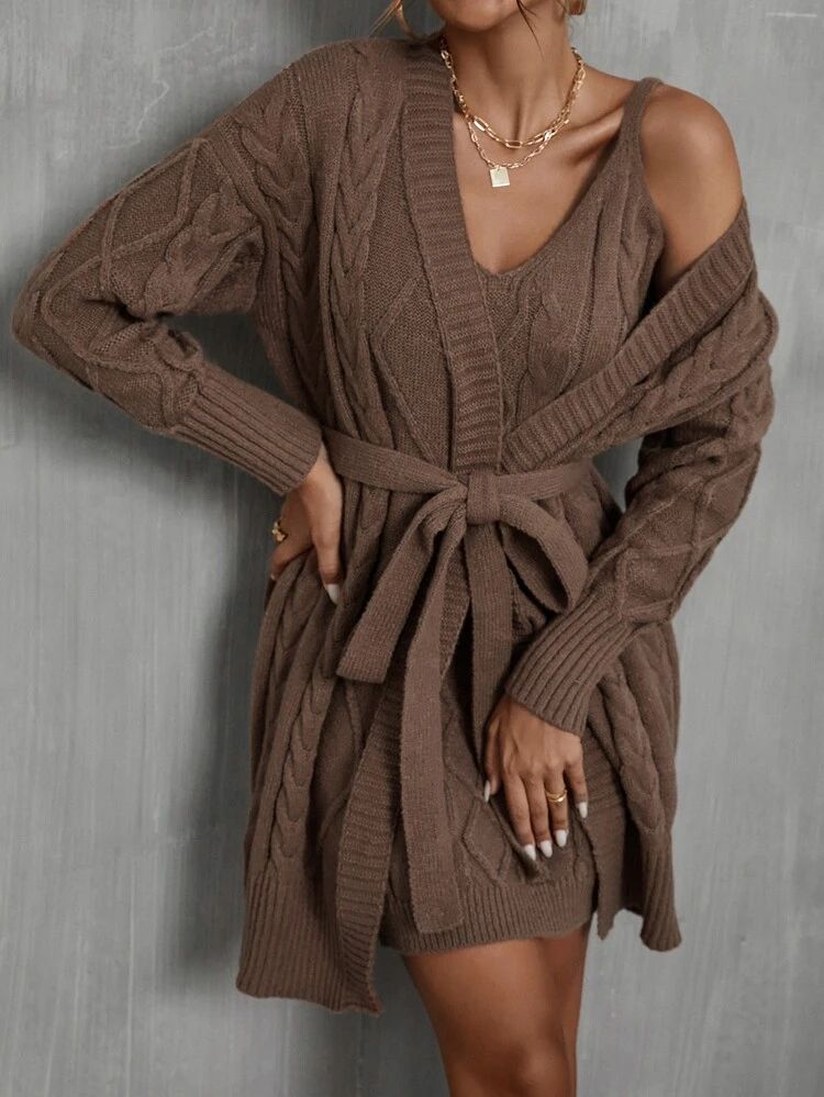 Cable Knit Drop Shoulder Belted Cardigan & Sweater Dress | SHEIN