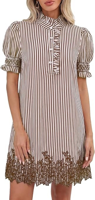 EZAPINE Embroidered Striped Dress for Women Stand Ruffle Collar Puff Sleeve Button Front Shift Dr... | Amazon (US)
