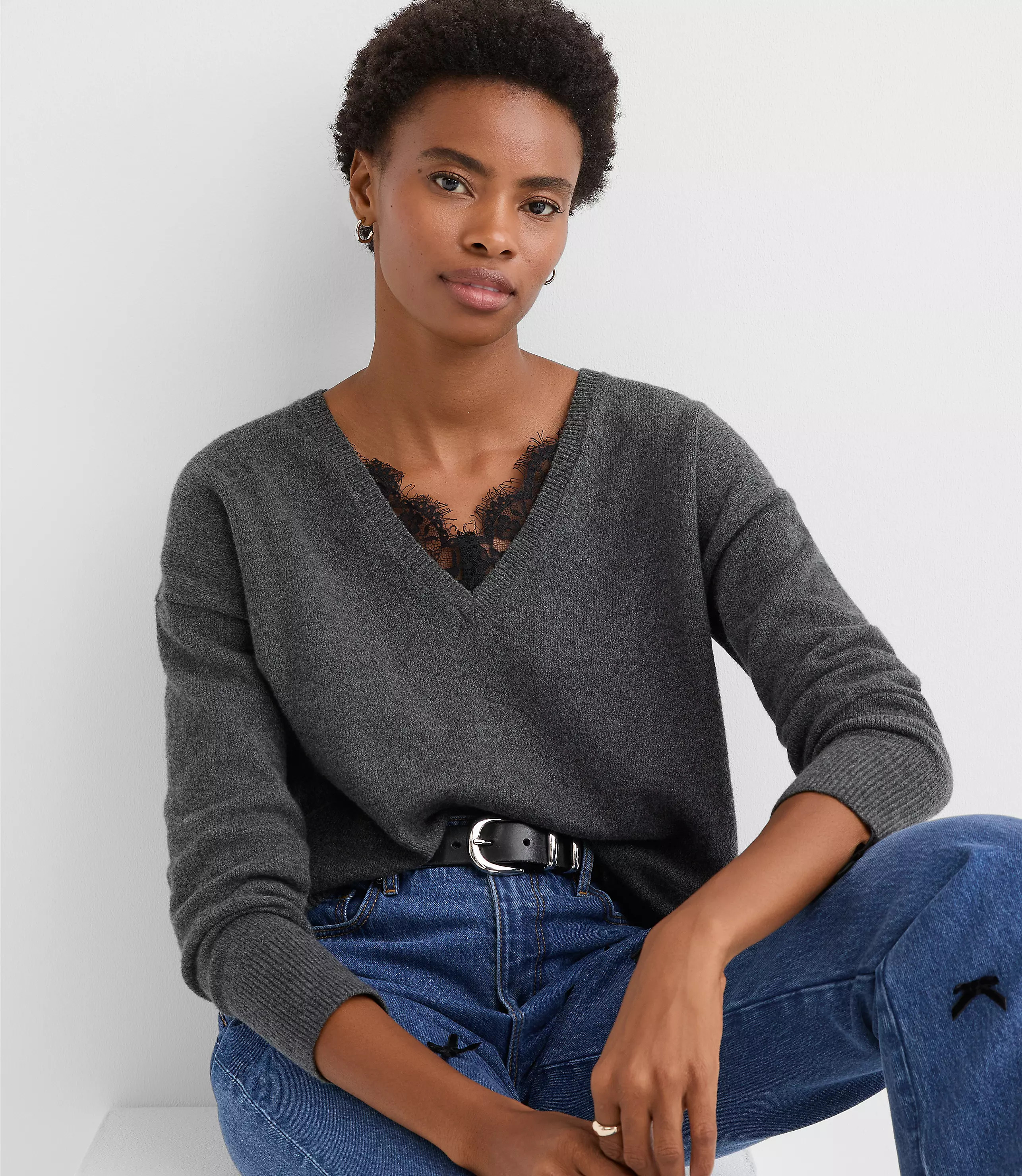 Lace Trim V-Neck Relaxed Everyday Sweater | LOFT