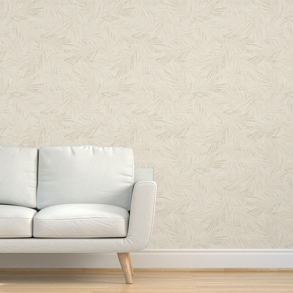 Wallpaper in Coastal Palm Leaves - Sand Beige on off white | Spoonflower