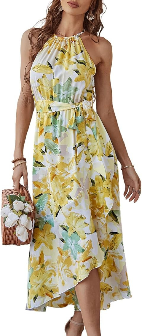 Fesier Women's Boho Halter Neck Floral Print Long Maxi Dress Sleeveless Split Ruffle Swing Beach Sun | Amazon (US)
