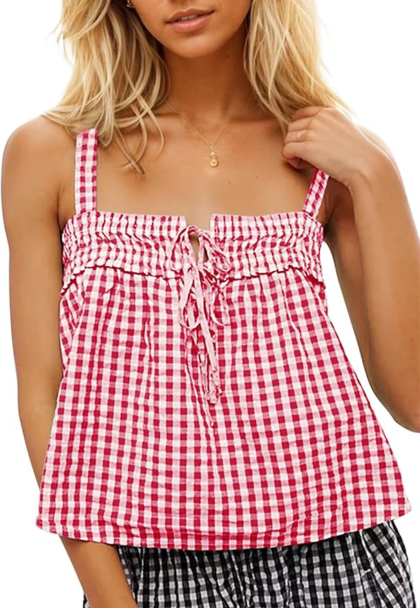 Women Cute Tie Front Plaid Crop Tank Tops Square Neck Sleeveless Gingham Camisole Tops Summer Bac... | Amazon (US)