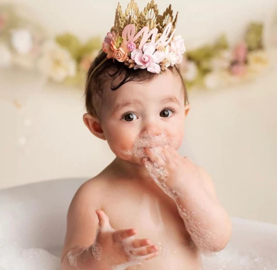 first birthday Boho Bloom MINI Sienna flower lace crown with pink, peach, blush, + ivory flowers ... | Etsy (US)