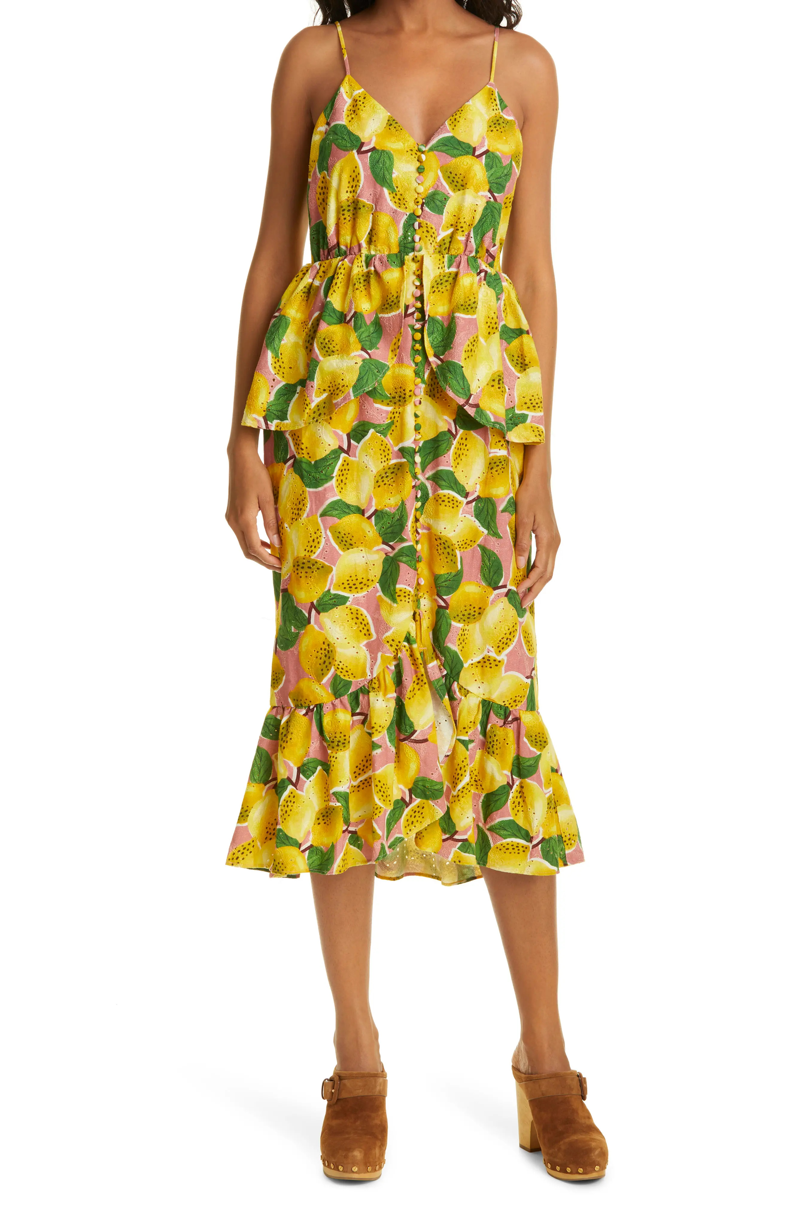 FARM Rio Fresh Lemons Peplum Midi Dress, Size Medium at Nordstrom | Nordstrom