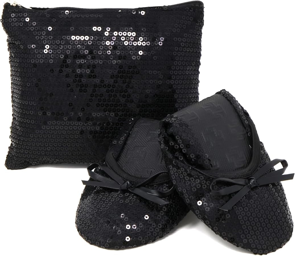 Silky Toes Women's Foldable Sequin Shoes Dressy Ballet Flats Roll Up Slipper Shoe with Matching C... | Amazon (US)