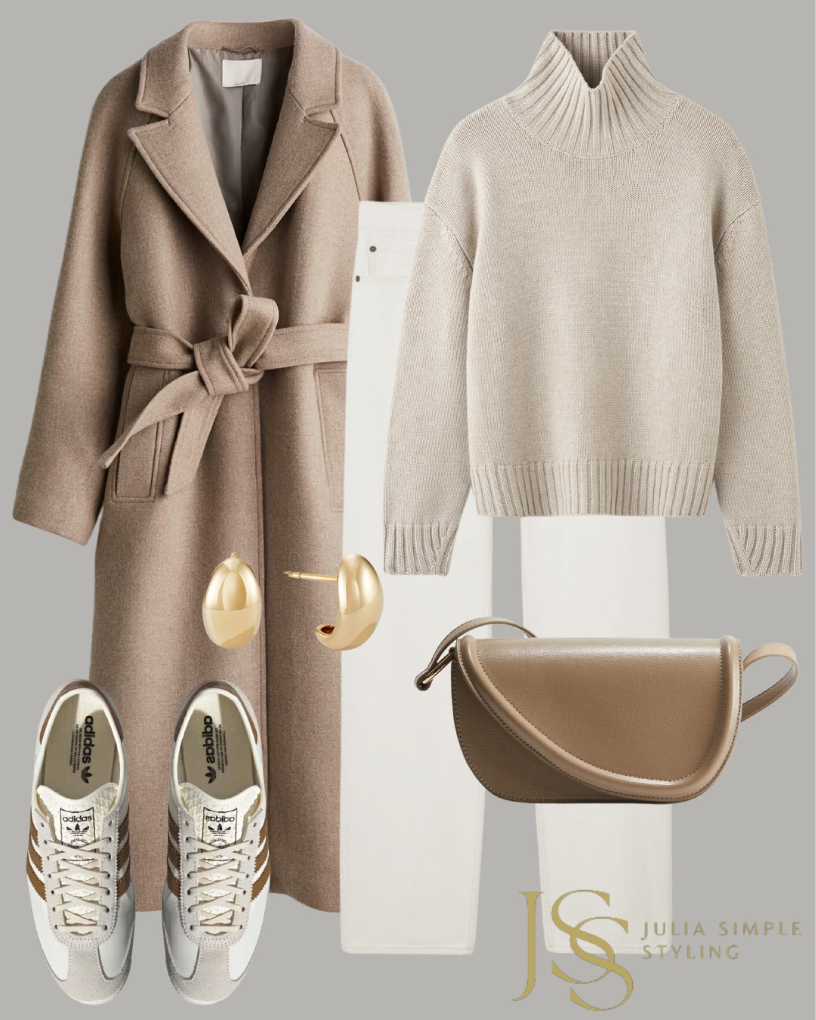 Neutral autumn outfit, belted coat, white denim trousers, adidas sneakers, neutral coat, turtleneck sweater 

#LTKStyleTip #LTKShoeCrush #LTKOver40