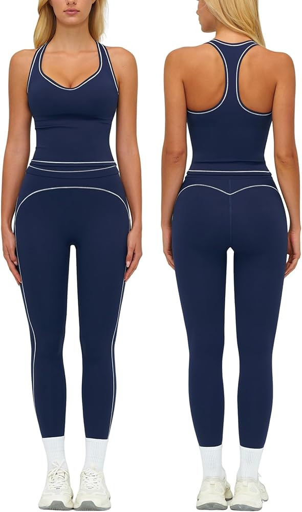 Women 2 Piece Workout Sets Racerback Color Block Tank Top High Waist Tummy Control Active Legging... | Amazon (US)