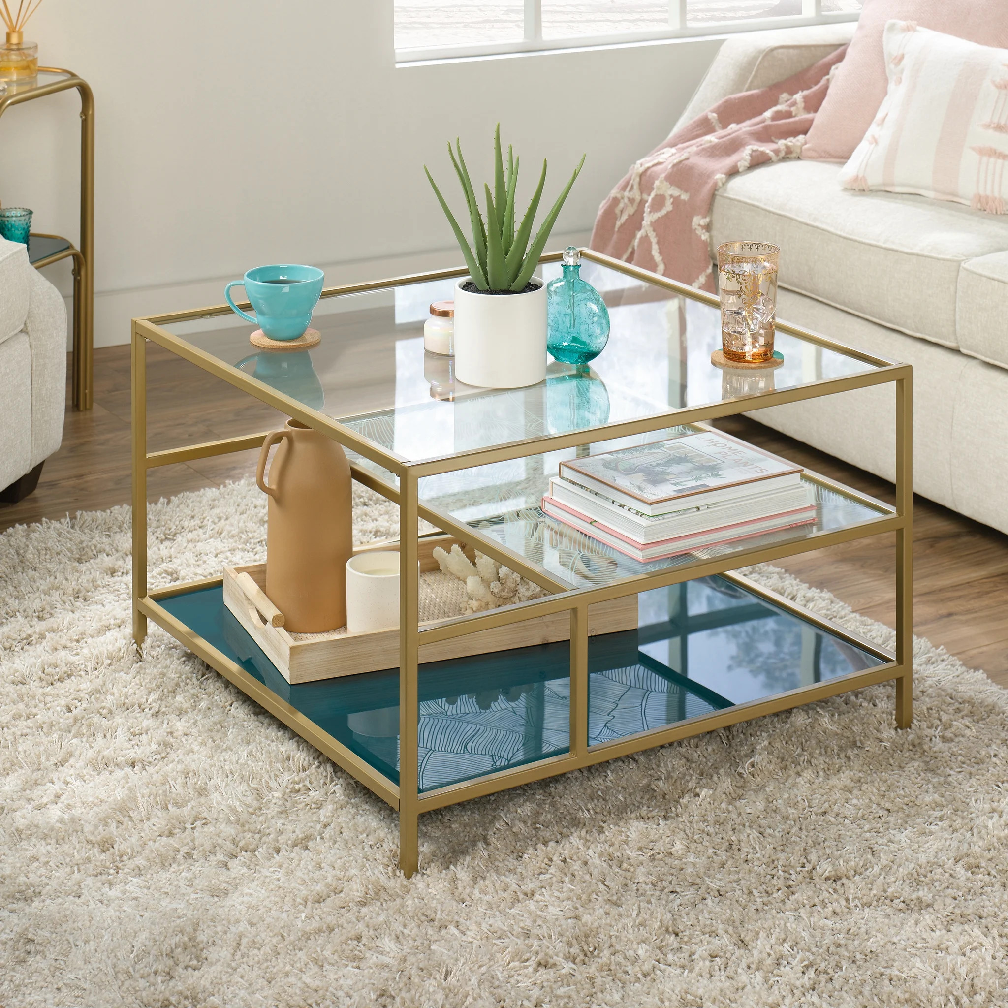 Sauder Coral Cape Square Glass Coffee Table with Shelves, Satin Gold/Clear - Walmart.com | Walmart (US)