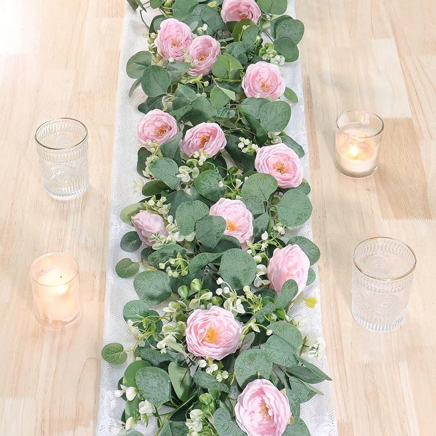 TOCHGREEN 2 Pack 13Ft Artificial Eucalyptus Flower Garland with Pink Roses, Fake Rose Flower Gree... | Amazon (US)