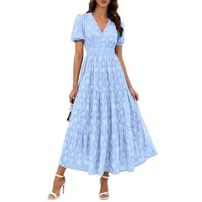 KIRUNDO Womens Boho Maxi Dress Summer Short Sleeve V Neck Floral Flowy… | Amazon (US)