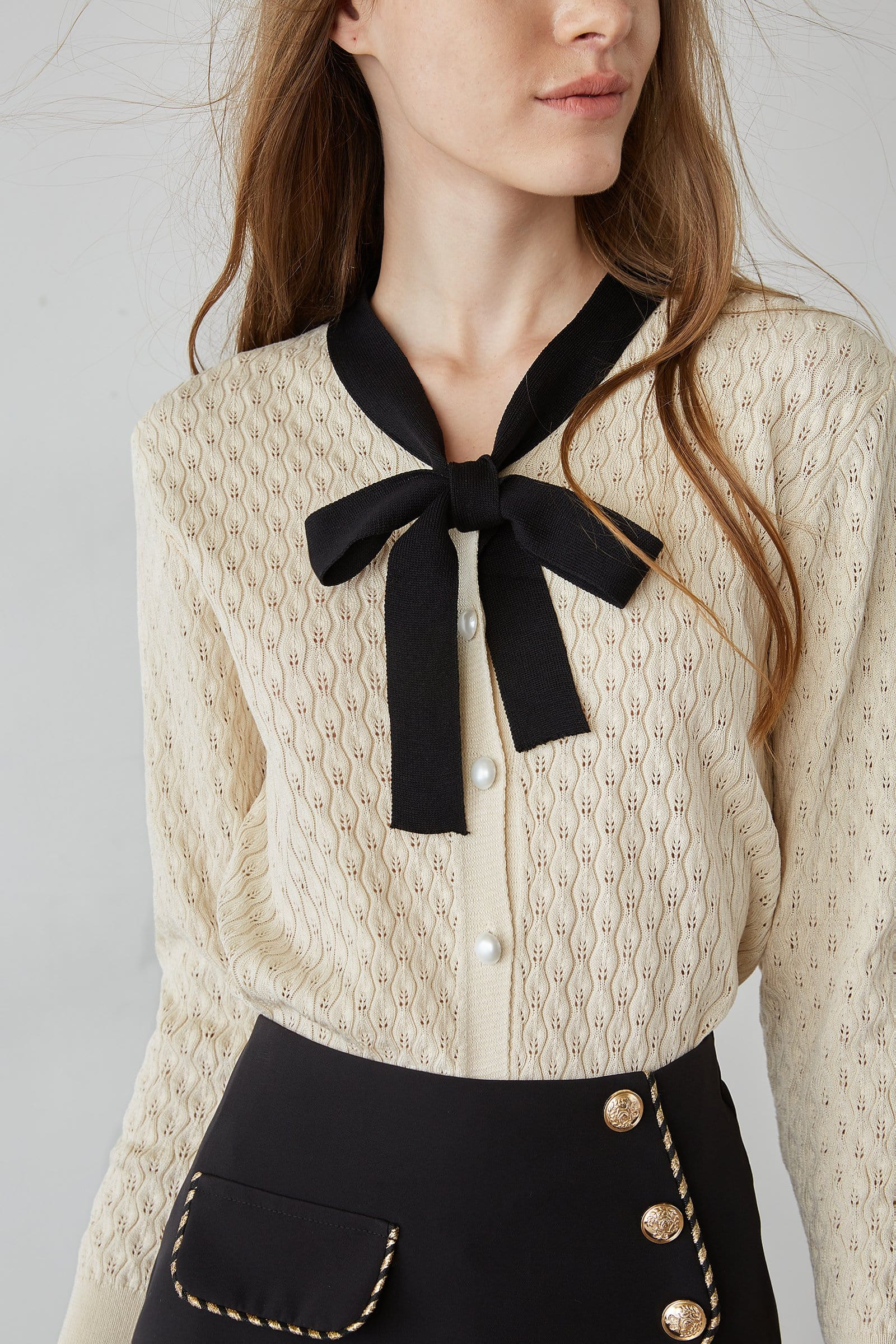 Ashtyn Beige Contrast Bow Tie Cardigan | J.ING