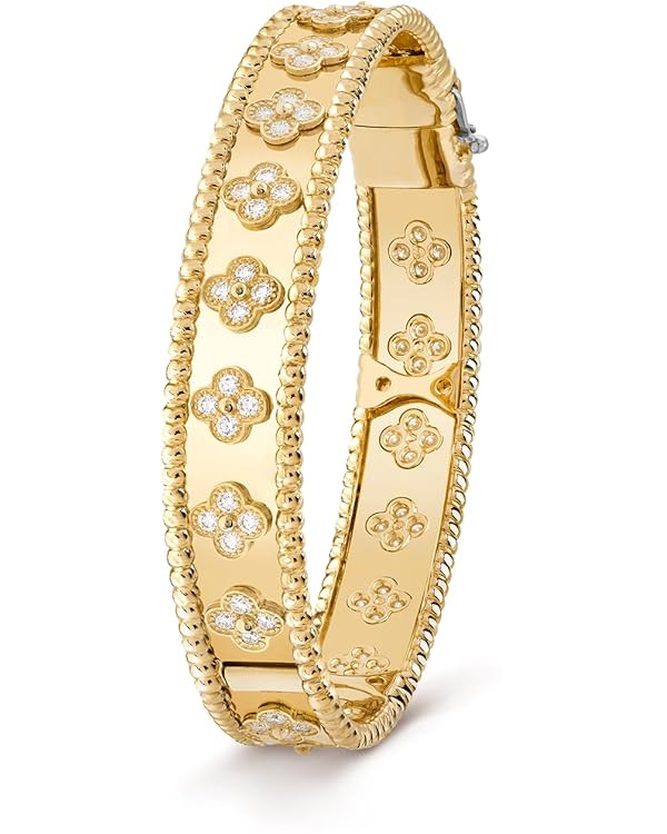 Luxurious 18K Gold Plated CZ Clover Chunky Bangle Bracelet for Women|Lucky flower Charm Fashion J... | Amazon (US)