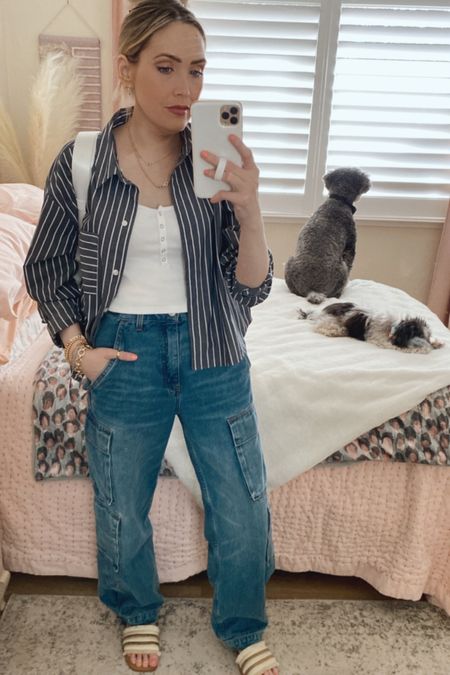 Today’s #ootd includes the comfiest cropped, stripped peplum button up perfect for spring! And I must share these new denim cargo jeans that are so comfy, can be wide leg or tapered ankle! 

Dress them up w/ a kitten heel & cute spaghetti strap top for a date night look! Plus tons of ways to style for festival/concert season! 

#LTKSeasonal #LTKFestival #LTKover40