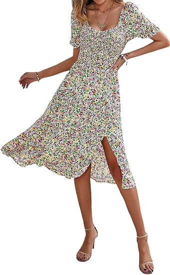 Fesier Women's Summer Floral Print Scoop Neck Midi Dress Casual Boho Short Sleeve Smocked Split S... | Amazon (US)