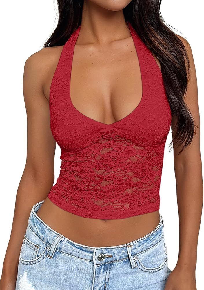 Trendy Queen Womens Going Out Tops Lace V-Neck Sleeveless Double Lined Halter Y2K Sexy Crop Fashi... | Amazon (US)