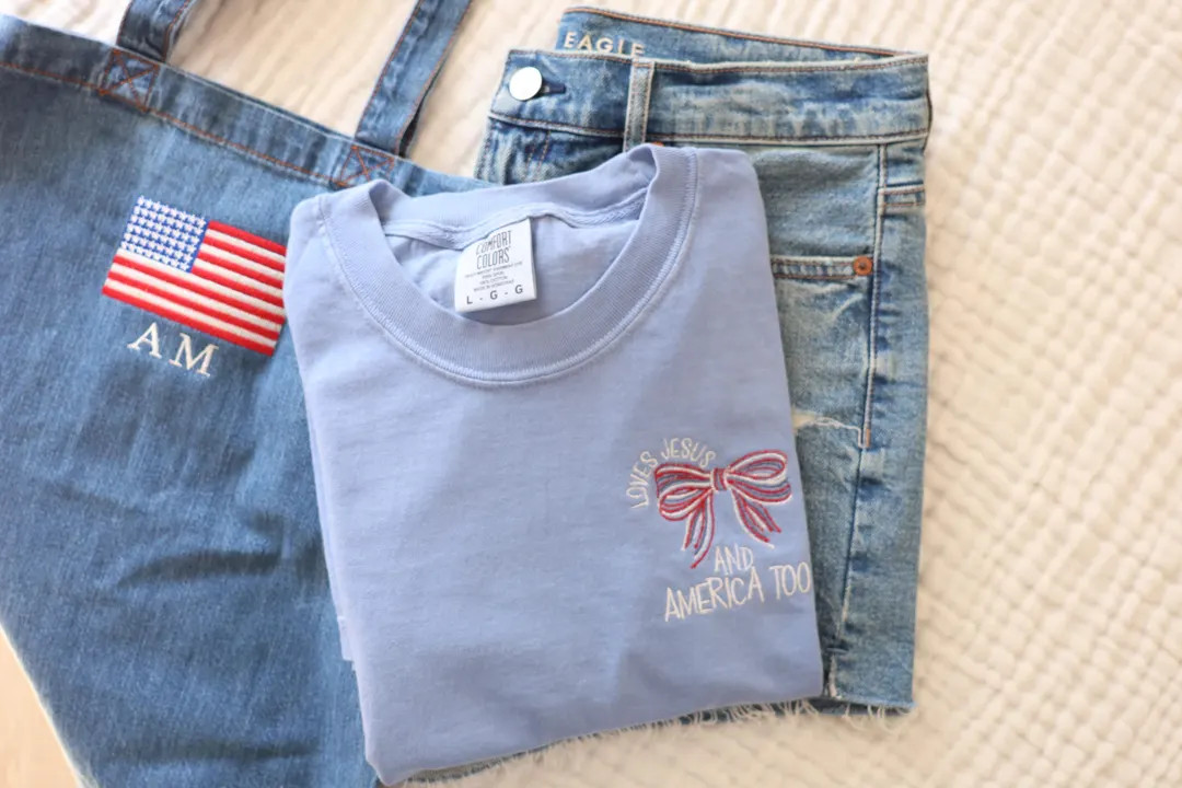 Loves Jesus & America Too Embroidered Tee - Cute Christian Patriotic Tee - 4th of July Shirt - Fa... | Etsy (US)