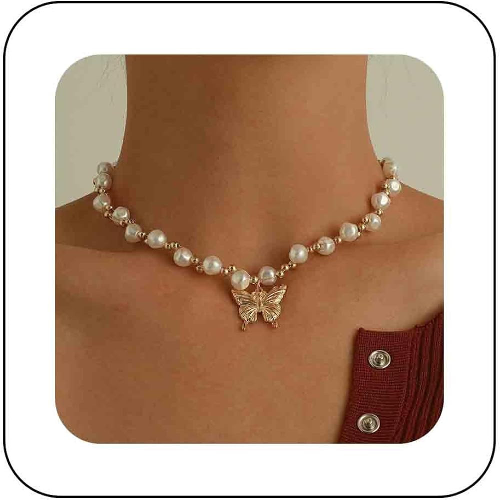 Boho Pearl Butterfly Choker Necklace Gold Butterfly Pendant Necklace Pearl Bead Chain Necklace Ch... | Amazon (US)