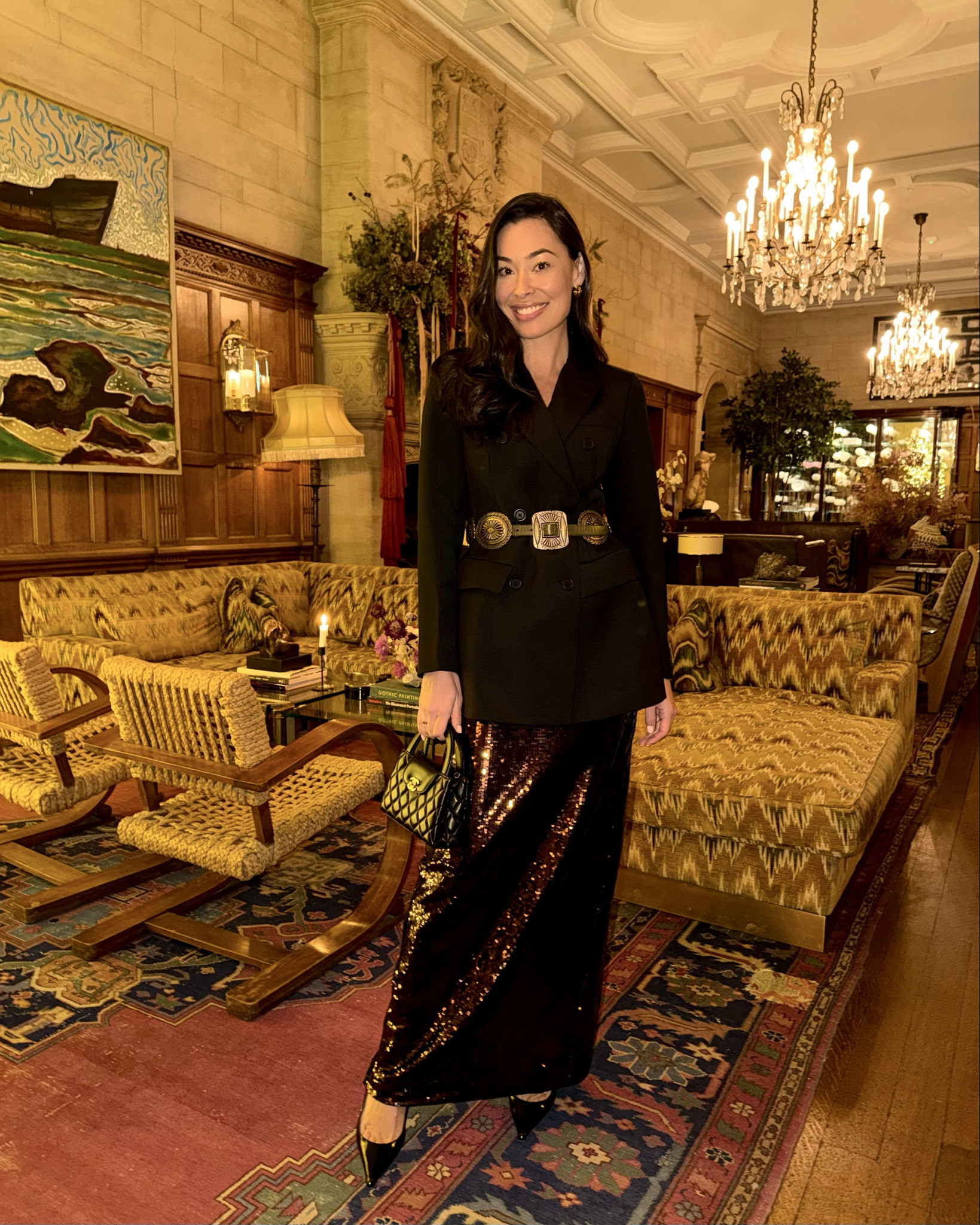 Love this blazer with Ralph Lauren western belt over it! Winter outfit, cocktail party, Estelle Manor. 

#LTKootd #LTKSeasonal #LTKTravel