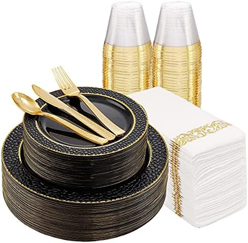 FLOWERCAT 175PCS New Year Plates - Black Plastic Plates with Gold Rim&Black and Gold Plastic Plat... | Amazon (US)