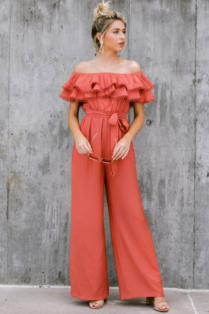 Meeting In Paris Poppy Red Off The Shoulder Jumpsuit | Red Dress 