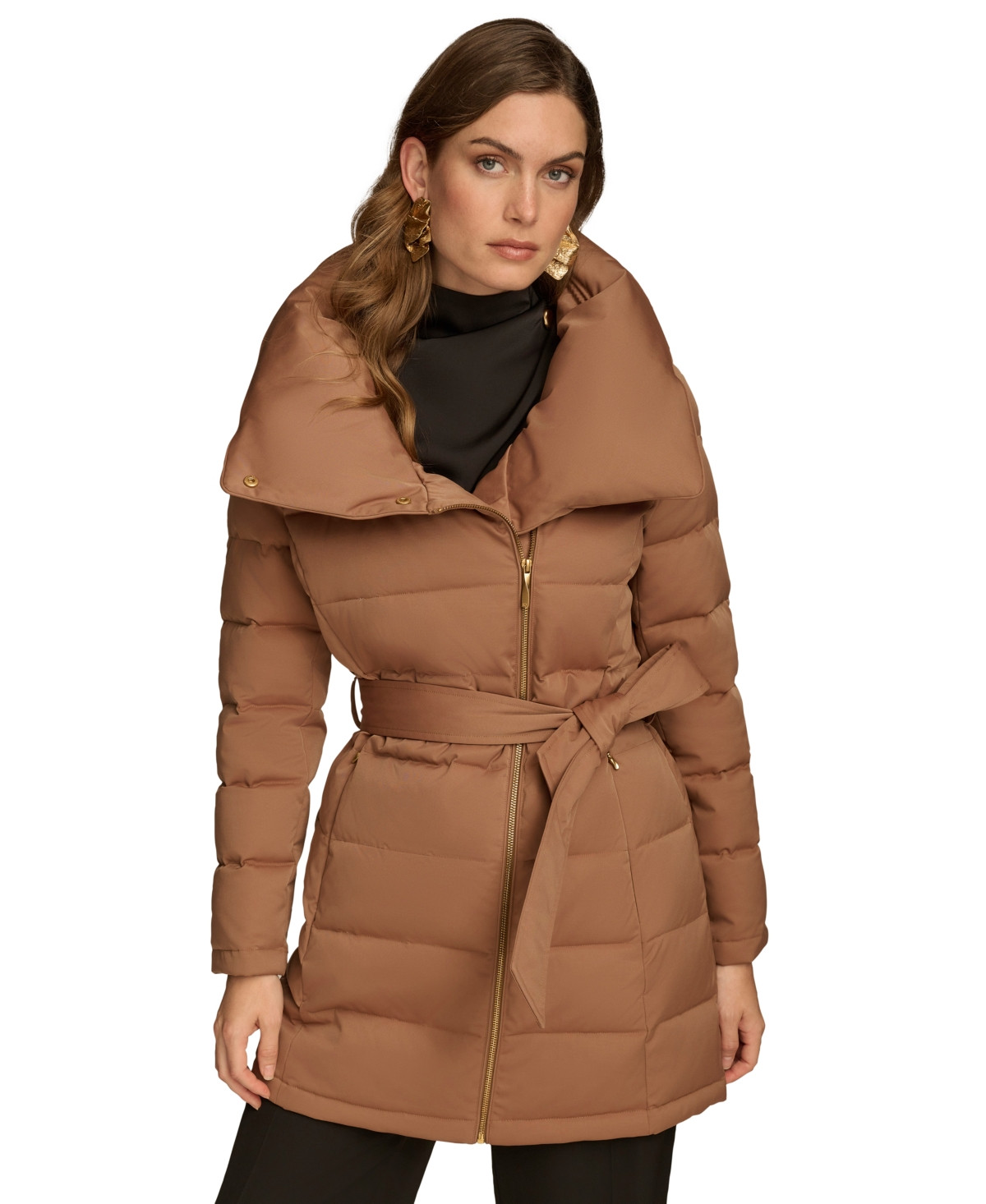 Donna Karan New York Women's Belted Asymmetric Puffer Coat - Antique Gold | Macy's