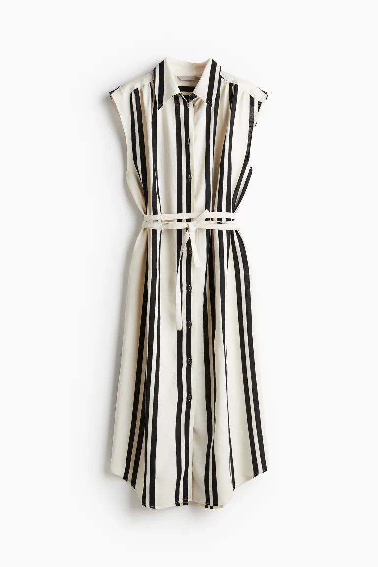Linen-blend Shirt Dress - Sleeveless - Short - Cream/black striped - Ladies | H&M US | H&M (US + CA)