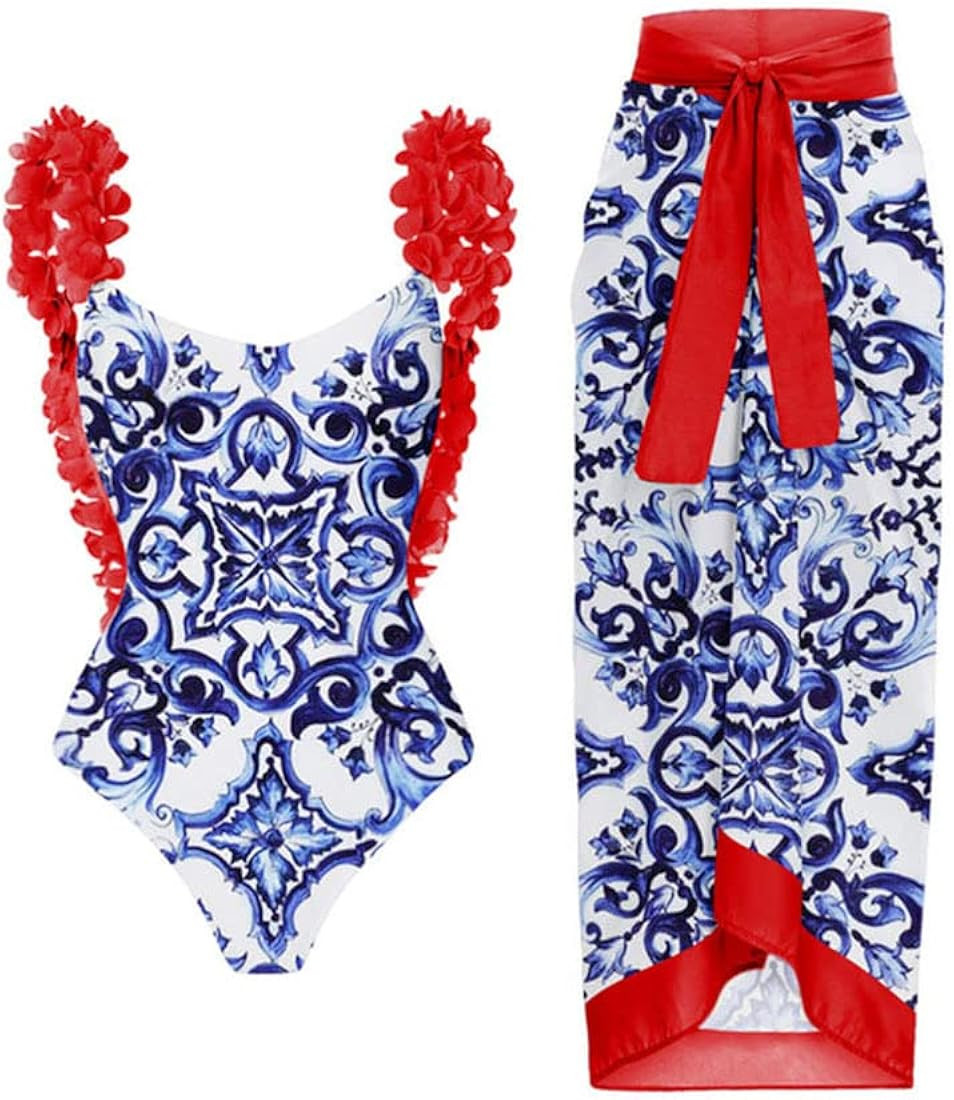 Lsyicmu Women's One Piece Swimsuit with Beach Cover up Wrap Skirt Sarong Retro Floral Print Tummy... | Amazon (US)