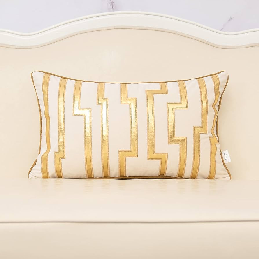 Alerfa White Geometric Gold Leather Striped Throw Pillow Covers 12 x 20 Inch, Luxury European Cus... | Amazon (US)