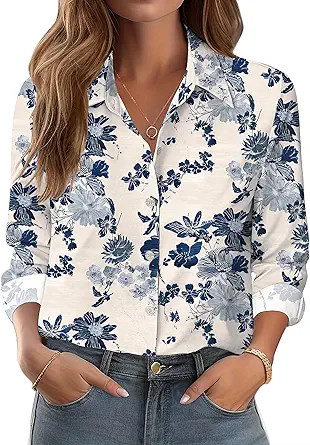 Zeagoo Button Down Shirts for Women Dressy Floral Printed Long Sleeve Blouse Business Casual Work... | Amazon (US)