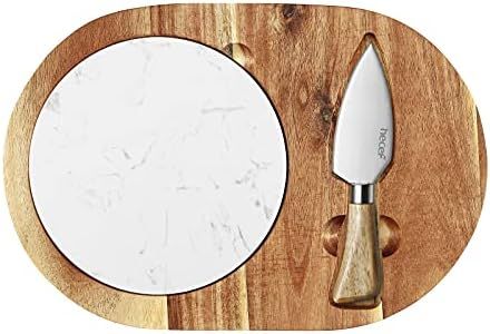 hecef Oval Wooden Cheese Board Set, Acacia Wood Cheese Serving Board with White Marble & Cheese K... | Amazon (US)