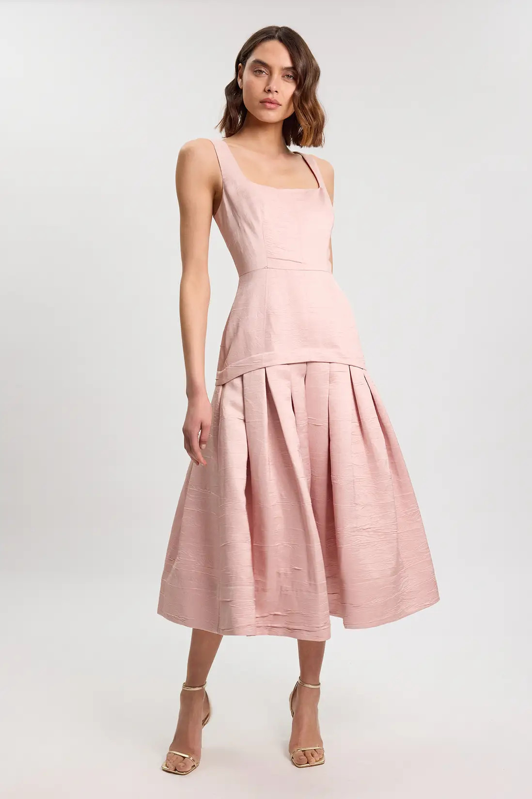Textured Tailored Twill Full Skirt Midi Dress | Karen Millen