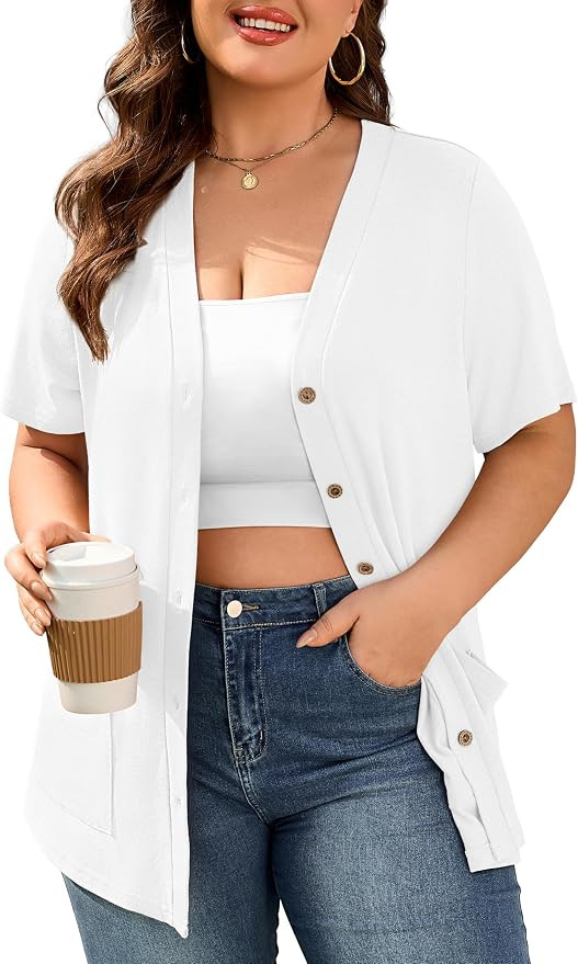 TIANZHU Short Sleeve Cardigans for Women Plus Size Lightweight Summer Cardigan Button Down Casual... | Amazon (US)