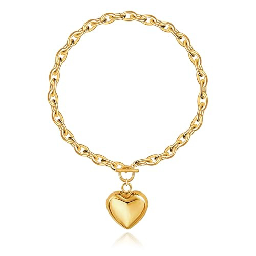 PEALICIOUS Chunky Heart Necklace, Mothers Day Gifts Gold Heart Necklace Statement Chunky Necklaces for Women Trendy with Toggle Clasp, 14k Gold Charm Puffy Heart Pendant Collar Thick Chain for Summer | Amazon (US)